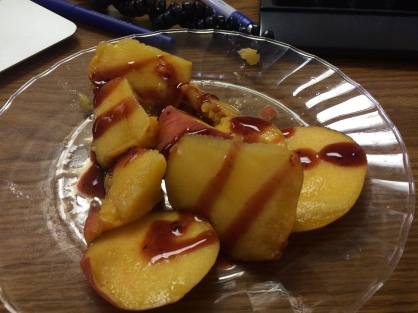 Afternoon snack at work of peaches and jamaica chamoy